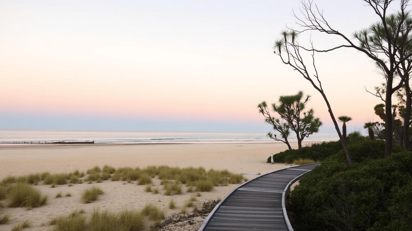 Quiet boardwalk through pandanus trees onto Bribie Island beach at sunrise