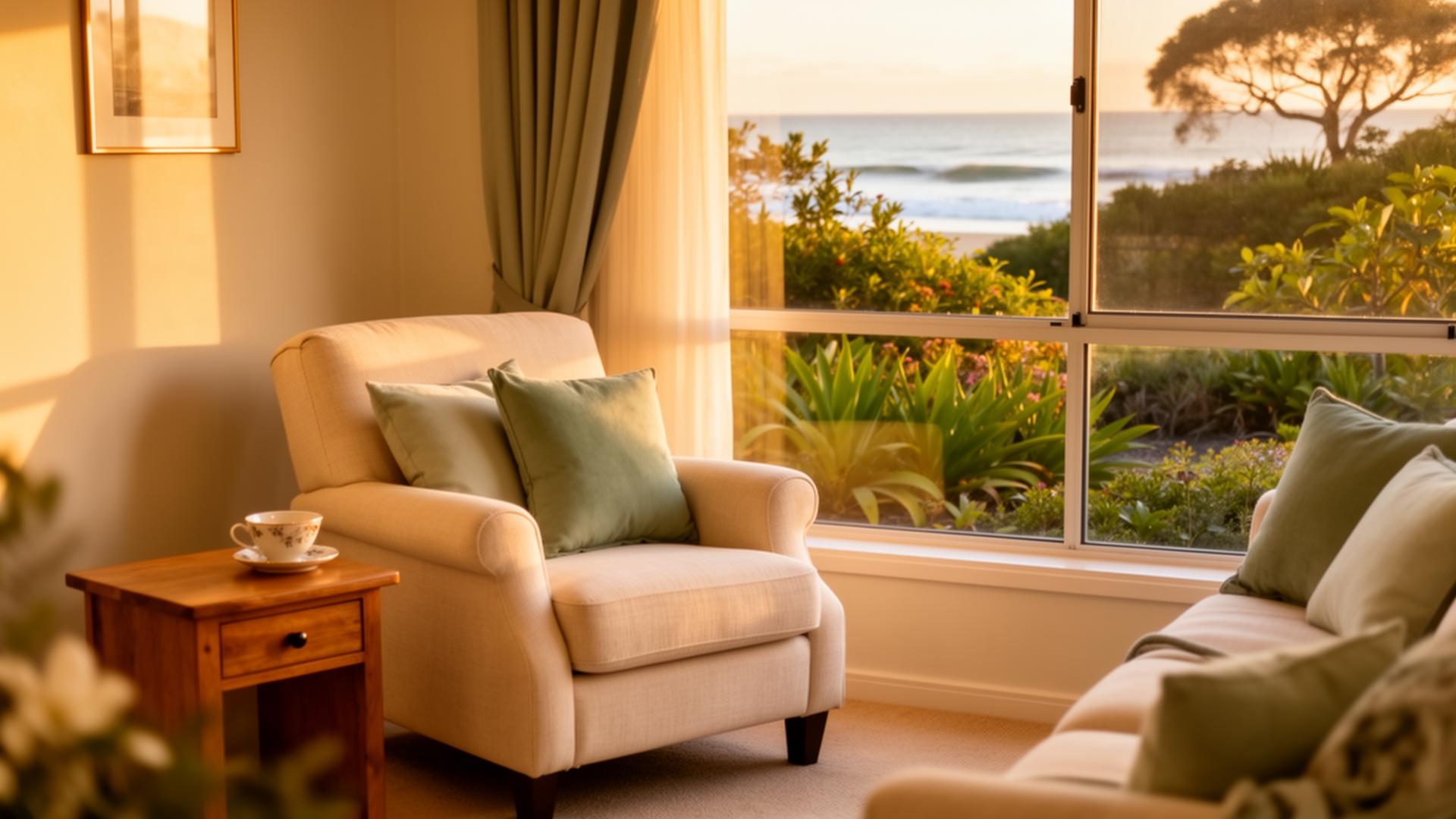 Warm, sunlit Bribie Island living room with an armchair beside a window overlooking the coast