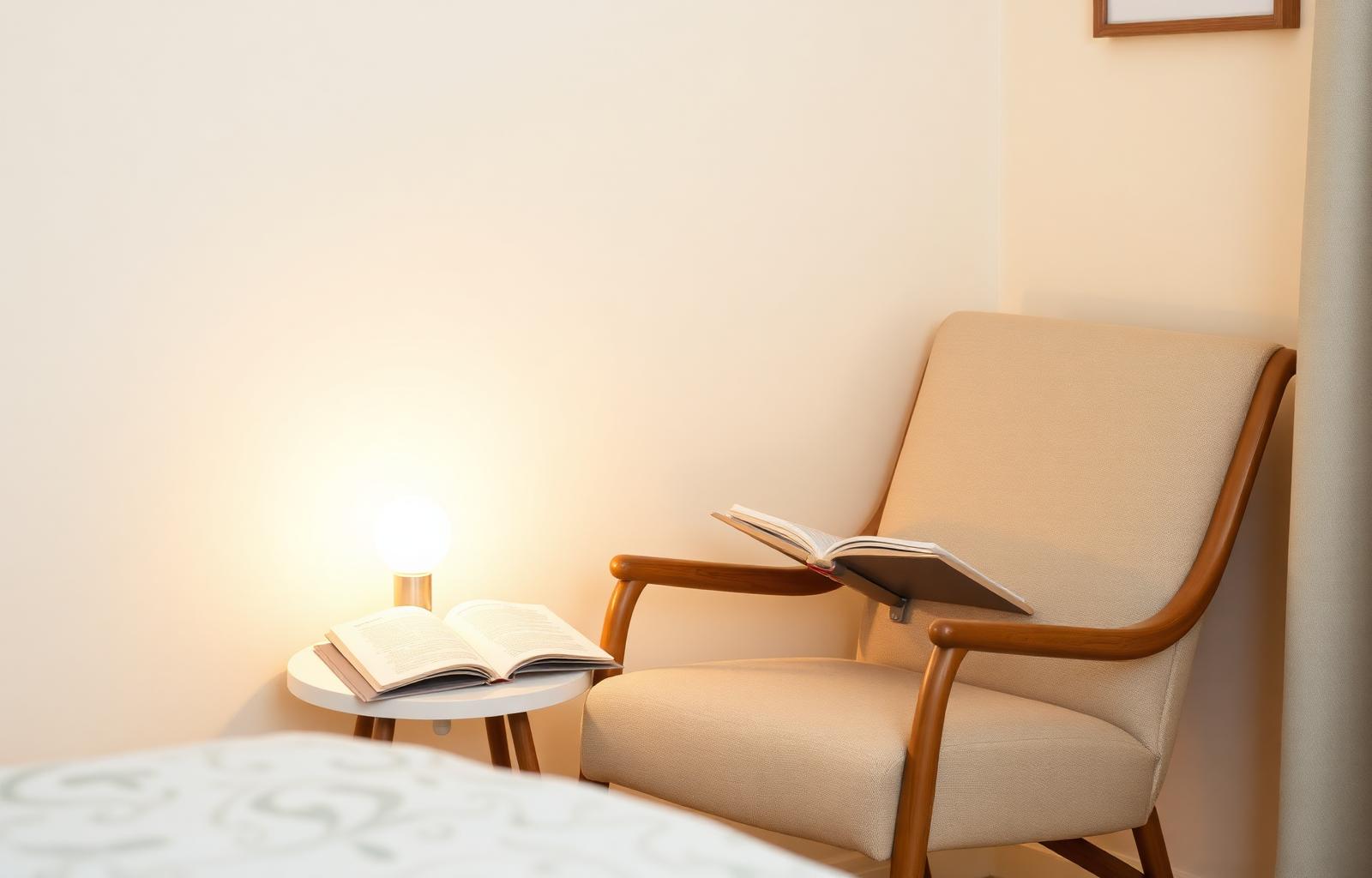 Comfortable bedroom with morning light and a reading chair, representing supported living